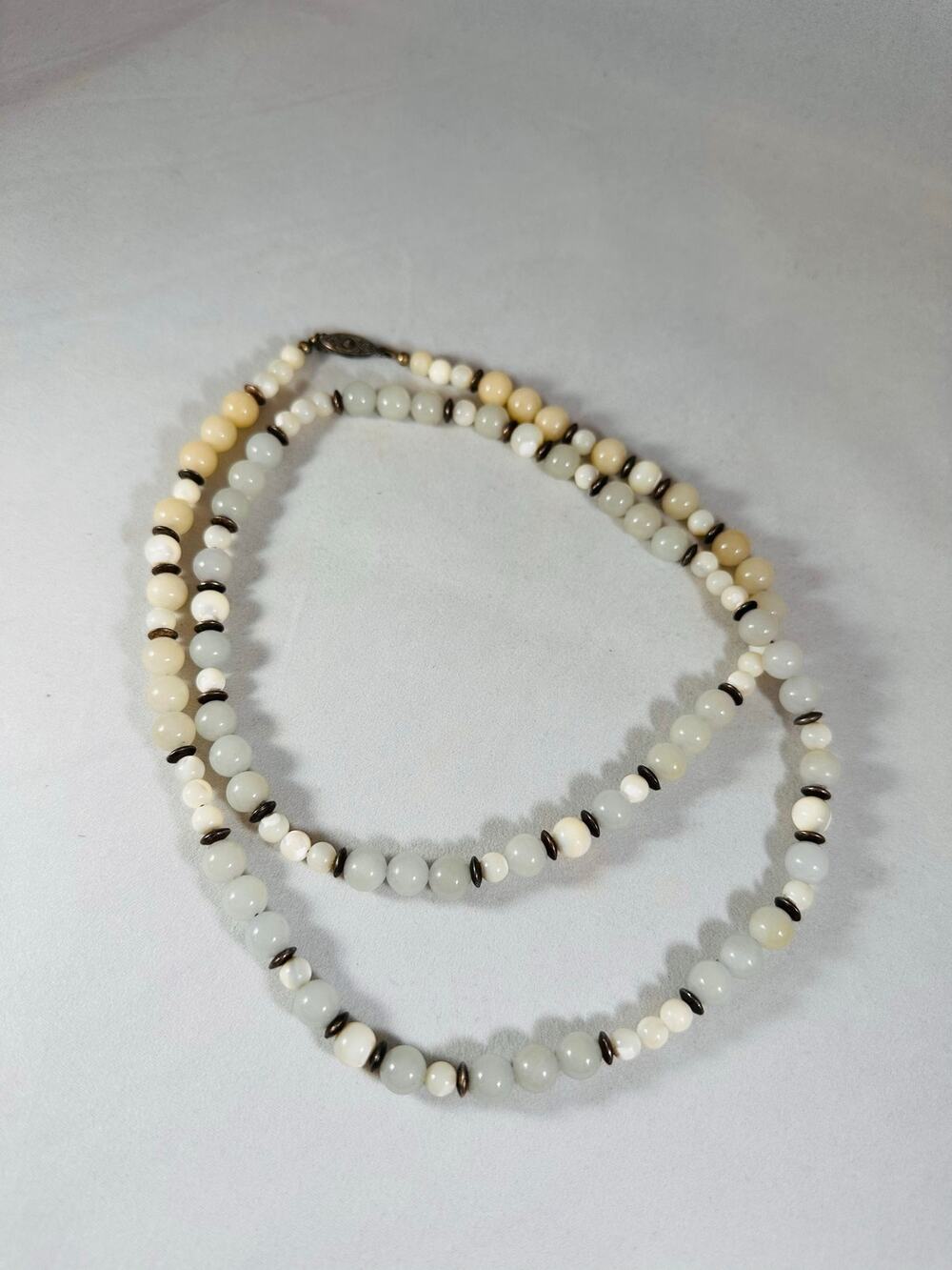 Vintage Beaded Opera Length Necklace 33" Beige Stone Beads Pearlized Filigree